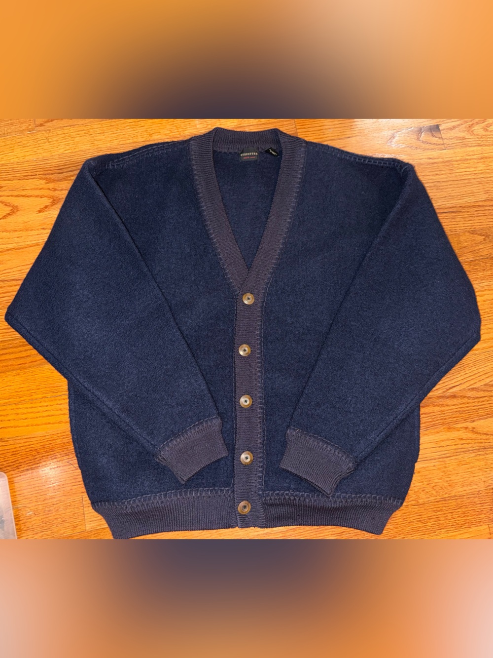 Vintage Structure navy blue 100% wool v-neck cardigan 90s Y2K
